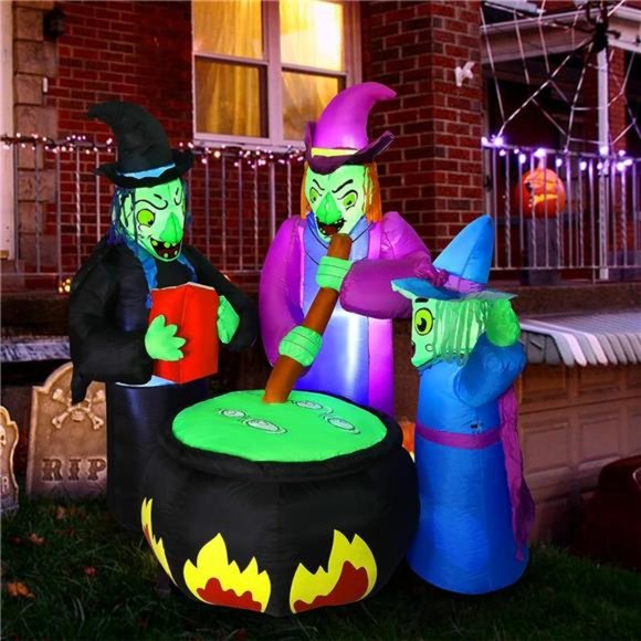 Joyfy 6 ft Halloween Inflatable Outdoor Witches Cauldron Pot  6FT Witches Halloween Blow Up Inflatables with LED Lights Yard Decoration